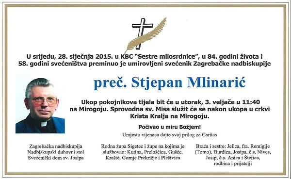 Osmrtnica - prečasni Stjepan Mlinarić